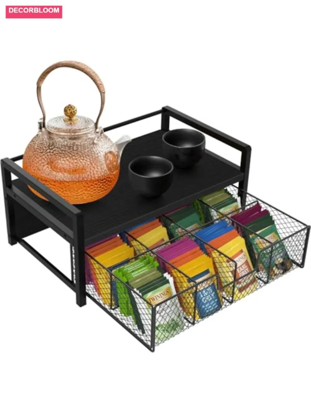 Wood Tea Bag Organizer with Drawer, 8 Compartments, Storage Box for Counter
